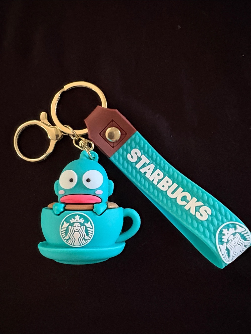 Coffee Cup Teal Hangydon Character Cup Keychain with Gold Hardware